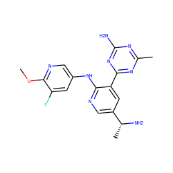COc1ncc(Nc2ncc([C@@H](C)N)cc2-c2nc(C)nc(N)n2)cc1F ZINC000113149890