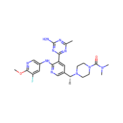 COc1ncc(Nc2ncc([C@@H](C)N3CCN(C(=O)N(C)C)CC3)cc2-c2nc(C)nc(N)n2)cc1F ZINC000113241394