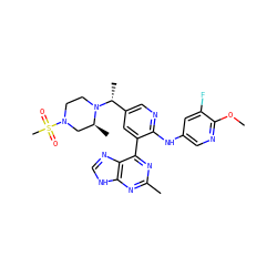 COc1ncc(Nc2ncc([C@@H](C)N3CCN(S(C)(=O)=O)C[C@@H]3C)cc2-c2nc(C)nc3[nH]cnc23)cc1F ZINC000113151456