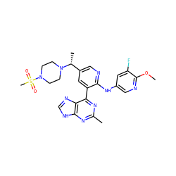 COc1ncc(Nc2ncc([C@@H](C)N3CCN(S(C)(=O)=O)CC3)cc2-c2nc(C)nc3[nH]cnc23)cc1F ZINC000113148471