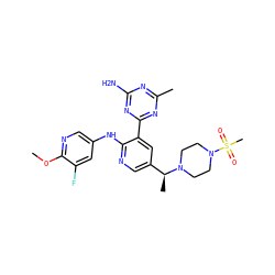 COc1ncc(Nc2ncc([C@H](C)N3CCN(S(C)(=O)=O)CC3)cc2-c2nc(C)nc(N)n2)cc1F ZINC000095556669