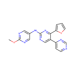 COc1ncc(Nc2ncc(-c3ccncn3)c(-c3ccco3)n2)cn1 ZINC000028645184