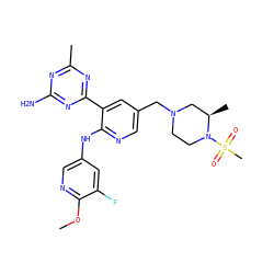 COc1ncc(Nc2ncc(CN3CCN(S(C)(=O)=O)[C@H](C)C3)cc2-c2nc(C)nc(N)n2)cc1F ZINC000113152607
