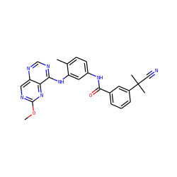 COc1ncc2ncnc(Nc3cc(NC(=O)c4cccc(C(C)(C)C#N)c4)ccc3C)c2n1 ZINC000166223911