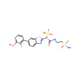 COc1nccc(-c2ccc3nc([C@@H](C(=O)NCCS(N)(=O)=O)S(C)(=O)=O)sc3c2)c1F ZINC000144036653
