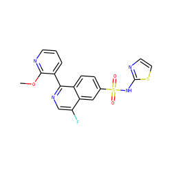 COc1ncccc1-c1ncc(F)c2cc(S(=O)(=O)Nc3nccs3)ccc12 ZINC000215516372