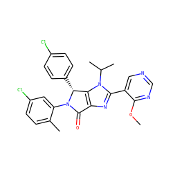 COc1ncncc1-c1nc2c(n1C(C)C)[C@@H](c1ccc(Cl)cc1)N(c1cc(Cl)ccc1C)C2=O ZINC000169705457