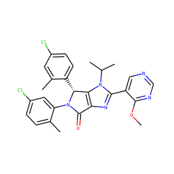 COc1ncncc1-c1nc2c(n1C(C)C)[C@@H](c1ccc(Cl)cc1C)N(c1cc(Cl)ccc1C)C2=O ZINC000169705417