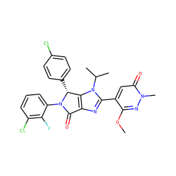 COc1nn(C)c(=O)cc1-c1nc2c(n1C(C)C)[C@@H](c1ccc(Cl)cc1)N(c1cccc(Cl)c1F)C2=O ZINC000169705779