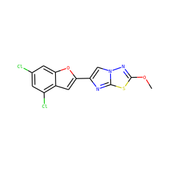 COc1nn2cc(-c3cc4c(Cl)cc(Cl)cc4o3)nc2s1 ZINC000653666677
