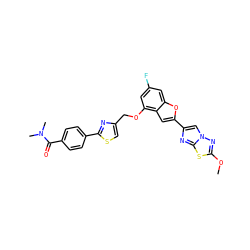COc1nn2cc(-c3cc4c(OCc5csc(-c6ccc(C(=O)N(C)C)cc6)n5)cc(F)cc4o3)nc2s1 ZINC000223026794