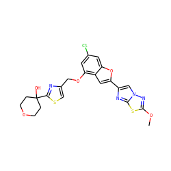 COc1nn2cc(-c3cc4c(OCc5csc(C6(O)CCOCC6)n5)cc(Cl)cc4o3)nc2s1 ZINC000653682167