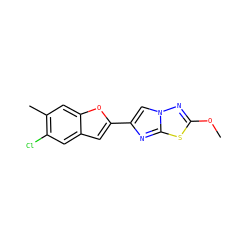 COc1nn2cc(-c3cc4cc(Cl)c(C)cc4o3)nc2s1 ZINC000653763852