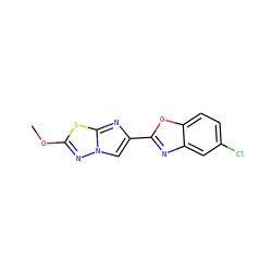 COc1nn2cc(-c3nc4cc(Cl)ccc4o3)nc2s1 ZINC000653753156