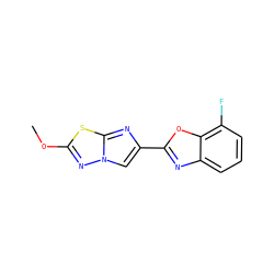COc1nn2cc(-c3nc4cccc(F)c4o3)nc2s1 ZINC000653756197