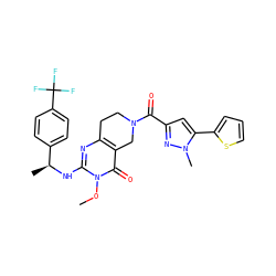 COn1c(N[C@@H](C)c2ccc(C(F)(F)F)cc2)nc2c(c1=O)CN(C(=O)c1cc(-c3cccs3)n(C)n1)CC2 ZINC000113831930