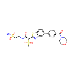 CS(=O)(=O)[C@@H](C(=O)NCCS(N)(=O)=O)c1nc2cc(-c3ccc(C(=O)N4CCOCC4)cc3)ccc2s1 ZINC000145470121
