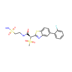 CS(=O)(=O)[C@@H](C(=O)NCCS(N)(=O)=O)c1nc2cc(-c3ccccc3F)ccc2s1 ZINC000143995284