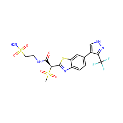 CS(=O)(=O)[C@@H](C(=O)NCCS(N)(=O)=O)c1nc2ccc(-c3c[nH]nc3C(F)(F)F)cc2s1 ZINC000145469333