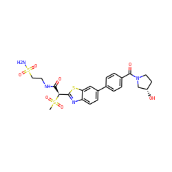 CS(=O)(=O)[C@@H](C(=O)NCCS(N)(=O)=O)c1nc2ccc(-c3ccc(C(=O)N4CC[C@H](O)C4)cc3)cc2s1 ZINC000145522068