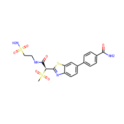 CS(=O)(=O)[C@@H](C(=O)NCCS(N)(=O)=O)c1nc2ccc(-c3ccc(C(N)=O)cc3)cc2s1 ZINC000145490631