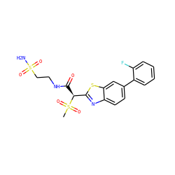 CS(=O)(=O)[C@@H](C(=O)NCCS(N)(=O)=O)c1nc2ccc(-c3ccccc3F)cc2s1 ZINC000143980658