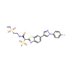 CS(=O)(=O)[C@@H](C(=O)NCCS(N)(=O)=O)c1nc2ccc(-c3cnn(-c4ccc(F)cc4)c3)cc2s1 ZINC000144043585