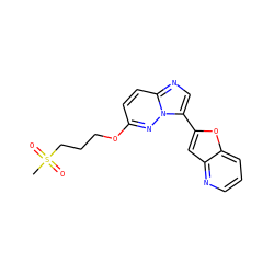 CS(=O)(=O)CCCOc1ccc2ncc(-c3cc4ncccc4o3)n2n1 ZINC000205072998