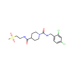 CS(=O)(=O)CCNC(=O)C1CCN(C(=O)NCc2ccc(Cl)cc2Cl)CC1 ZINC000045389741