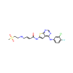 CS(=O)(=O)CCNC/C=C/C(=O)Nc1cc2c(Nc3ccc(F)c(Cl)c3)ncnc2s1 ZINC000169311823