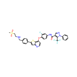 CS(=O)(=O)CCNCc1ccc(-c2cc3nccc(Oc4ccc(NC(=O)c5cnn(-c6ccccc6)c5C(F)(F)F)cc4F)c3s2)cc1 ZINC000049793369