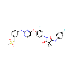 CS(=O)(=O)Cc1cccc(Nc2nccc(Oc3ccc(NC(=O)C4(C(=O)Nc5ccc(F)cc5)CC4)cc3F)n2)c1 ZINC000169349440
