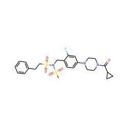 CS(=O)(=O)N(Cc1ccc(N2CCN(C(=O)C3CC3)CC2)cc1F)S(=O)(=O)CCc1ccccc1 ZINC001772653332
