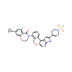 CS(=O)(=O)N1CC=C(c2cc3c(-c4cccc(N5CCOc6cc(C7CC7)cc(F)c6C5=O)c4CO)ccnc3[nH]2)CC1 ZINC000205728412