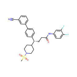 CS(=O)(=O)N1CCC([C@@H](CCC(=O)Nc2ccc(F)c(F)c2)c2ccc(-c3cccc(C#N)c3)cc2)CC1 ZINC000038157876