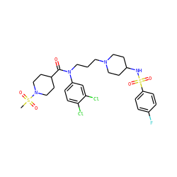 CS(=O)(=O)N1CCC(C(=O)N(CCCN2CCC(NS(=O)(=O)c3ccc(F)cc3)CC2)c2ccc(Cl)c(Cl)c2)CC1 ZINC000049937663