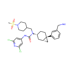 CS(=O)(=O)N1CCC(CN(C(=O)Nc2cc(Cl)nc(Cl)c2)[C@@H]2CC[C@]3(c4cccc(CN)c4)C[C@@H]3C2)CC1 ZINC000028650183
