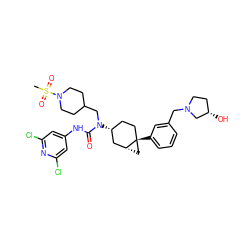 CS(=O)(=O)N1CCC(CN(C(=O)Nc2cc(Cl)nc(Cl)c2)[C@@H]2CC[C@]3(c4cccc(CN5CC[C@H](O)C5)c4)C[C@@H]3C2)CC1 ZINC000028650192