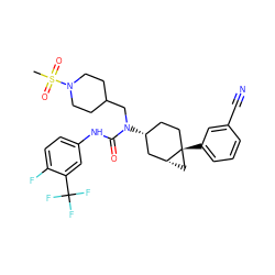 CS(=O)(=O)N1CCC(CN(C(=O)Nc2ccc(F)c(C(F)(F)F)c2)[C@@H]2CC[C@]3(c4cccc(C#N)c4)C[C@@H]3C2)CC1 ZINC000028650083