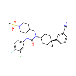 CS(=O)(=O)N1CCC(CN(C(=O)Nc2ccc(F)c(Cl)c2)[C@@H]2CC[C@]3(c4cccc(C#N)c4)C[C@@H]3C2)CC1 ZINC000028650067