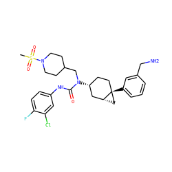 CS(=O)(=O)N1CCC(CN(C(=O)Nc2ccc(F)c(Cl)c2)[C@@H]2CC[C@]3(c4cccc(CN)c4)C[C@@H]3C2)CC1 ZINC000028650173