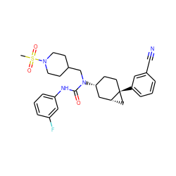 CS(=O)(=O)N1CCC(CN(C(=O)Nc2cccc(F)c2)[C@@H]2CC[C@]3(c4cccc(C#N)c4)C[C@@H]3C2)CC1 ZINC000028650087