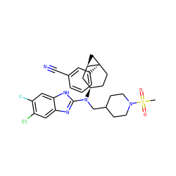 CS(=O)(=O)N1CCC(CN(c2nc3cc(Cl)c(F)cc3[nH]2)[C@@H]2CC[C@]3(c4cccc(C#N)c4)C[C@@H]3C2)CC1 ZINC000036351857