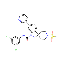 CS(=O)(=O)N1CCC(CNC(=O)Nc2cc(Cl)cc(Cl)c2)(c2ccc(-c3cccnc3)cc2)CC1 ZINC000028113805