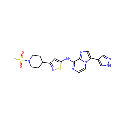 CS(=O)(=O)N1CCC(c2cc(Nc3nccn4c(-c5cn[nH]c5)cnc34)sn2)CC1 ZINC000072109209