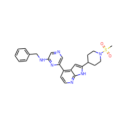 CS(=O)(=O)N1CCC(c2cc3c(-c4cncc(NCc5ccccc5)n4)ccnc3[nH]2)CC1 ZINC000226053737