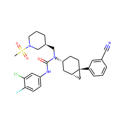 CS(=O)(=O)N1CCC[C@@H](CN(C(=O)Nc2ccc(F)c(Cl)c2)[C@@H]2CC[C@]3(c4cccc(C#N)c4)C[C@@H]3C2)C1 ZINC000028650095