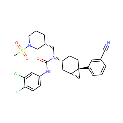 CS(=O)(=O)N1CCC[C@H](CN(C(=O)Nc2ccc(F)c(Cl)c2)[C@@H]2CC[C@]3(c4cccc(C#N)c4)C[C@@H]3C2)C1 ZINC000028650099
