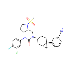 CS(=O)(=O)N1CCC[C@H]1CN(C(=O)Nc1ccc(F)c(Cl)c1)[C@@H]1CC[C@]2(c3cccc(C#N)c3)C[C@@H]2C1 ZINC000028650116