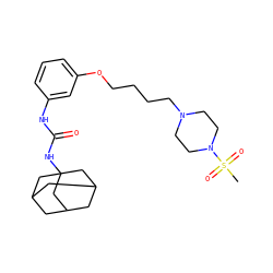 CS(=O)(=O)N1CCN(CCCCOc2cccc(NC(=O)NC34CC5CC(CC(C5)C3)C4)c2)CC1 ZINC000066251474